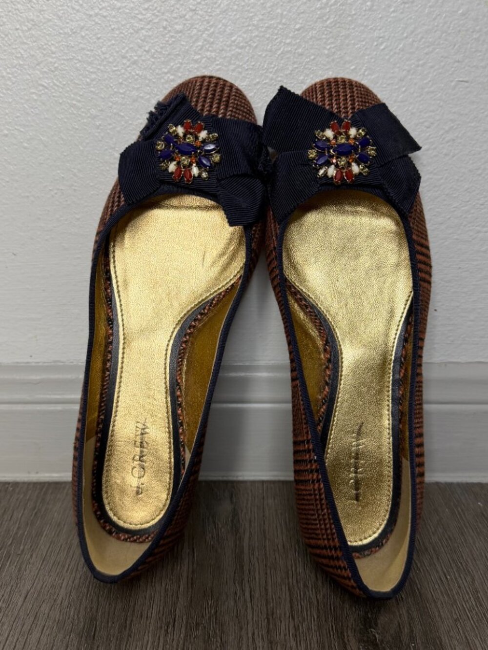 J.Crew Plaid Bow Flats Rust/Navy Women’s Size 7.5 Ballet Shoes - Picture 8 of 10